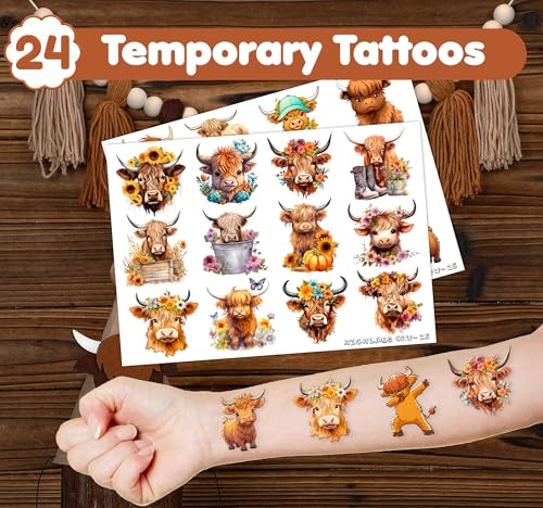 72PCS Highland Cow Party Favors with Tattoos & Slap Bracelets for Kids