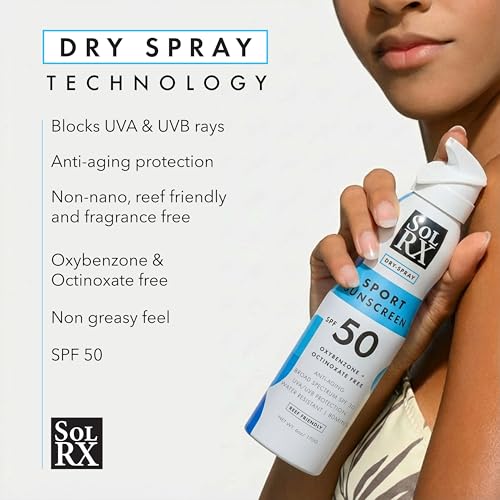 SolRX SPORT SPF 50 Sunscreen Spray 6oz - Reef Friendly, Water & Sweat Resistant, Face & Body