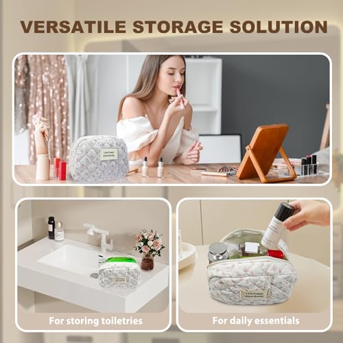 ZERFLUMP 3Pcs Travel Quilted Makeup Bag Set Pink Floral - Double Layer Cosmetic Organizer for Women