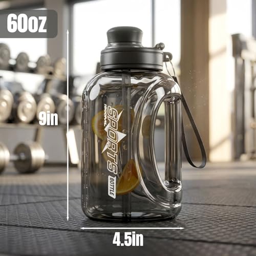 Doseno 60 oz Water Bottle with Straw, Handle & Strap - Black