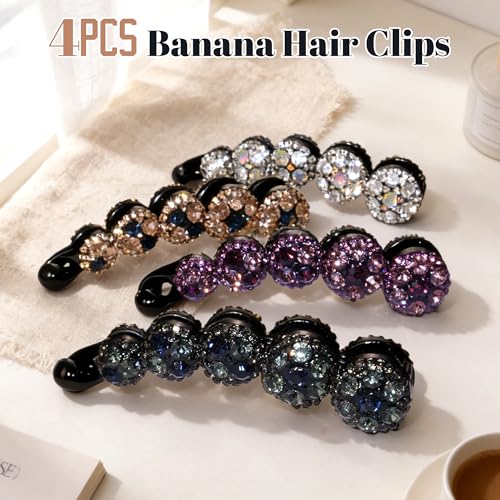 Sparkly Rhinestone Banana Hair Clips for Medium Hair - 4 Pack, Elegant Ponytail Accessories
