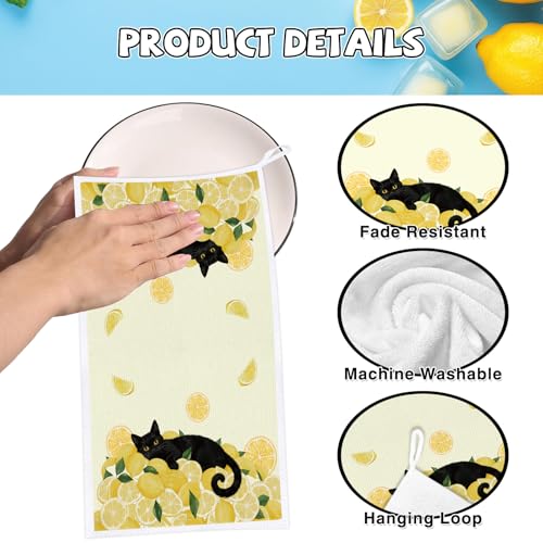 Black Cat Lemon Kitchen Towels Set of 4 | Microfiber, 16x24 Inch