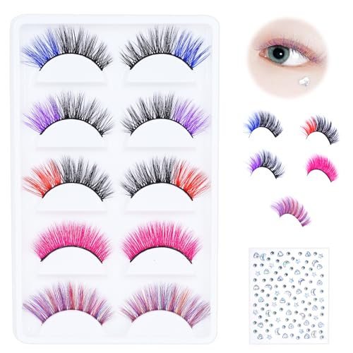 AMilHiTon Halloween Colored Eyelashes 5 Pairs - Faux Mink, Vibrant for Cosplay & Parties (8233 Mixed)