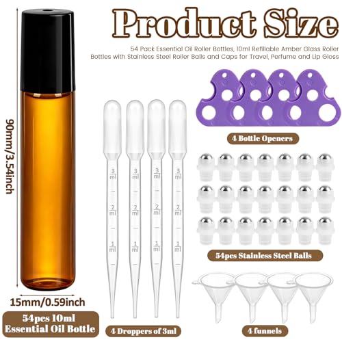 54 Pack 10ml Amber Glass Roller Bottles with Stainless Steel Roller Balls