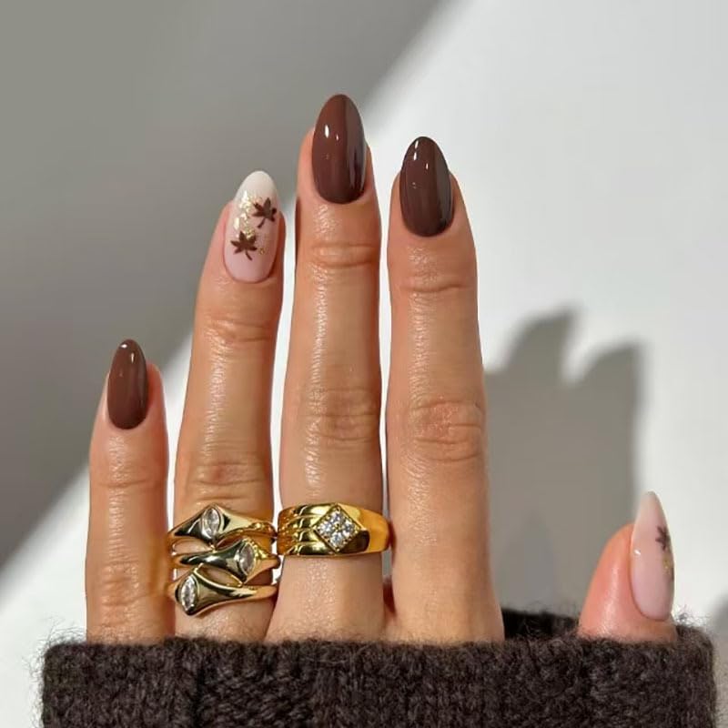 Short Almond Press-On Nails - French Tip & 3D Gold Star Design | Glossy Full Cover Acrylic, Reusable Fake Nails for Women