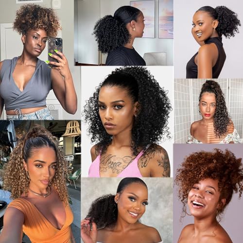 GOTEFERBE 18 Inch Kinky Curly Drawstring Ponytail Afro Hair Extension #1B