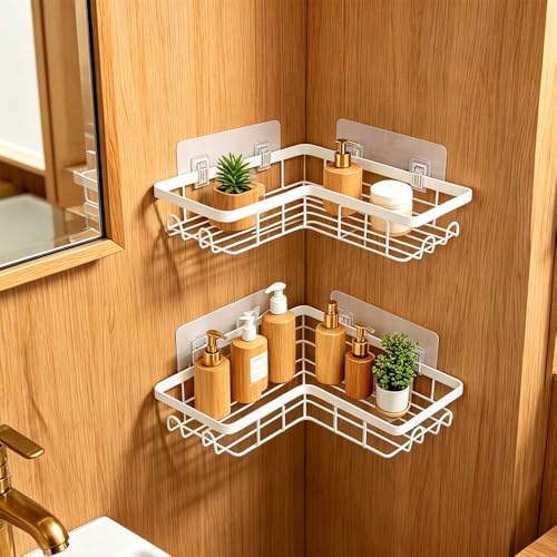 2-Pack Corner Shower Caddy - No Drilling, Rustproof Bathroom Organizer with Hooks