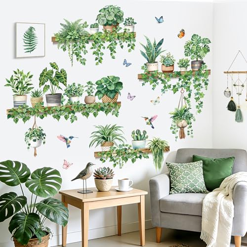 Decalmile Green Pot Plants Wall Decals - Tropical Leaf Stickers