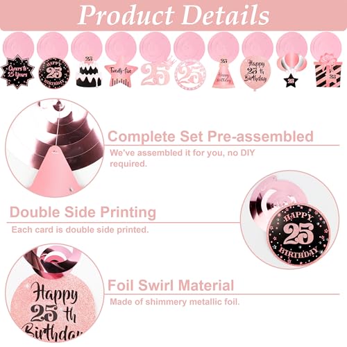 Rose Gold Pink 25th Birthday Decorations Set with Banner & Swirls