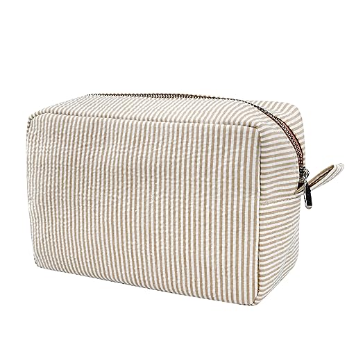 GFU Seersucker Cosmetic Bag for Women - Large Travel Makeup Organizer
