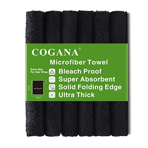 COGANA Bleach Proof Microfiber Hair Towels Set 16x32in Black 6 Pack Salon Towels