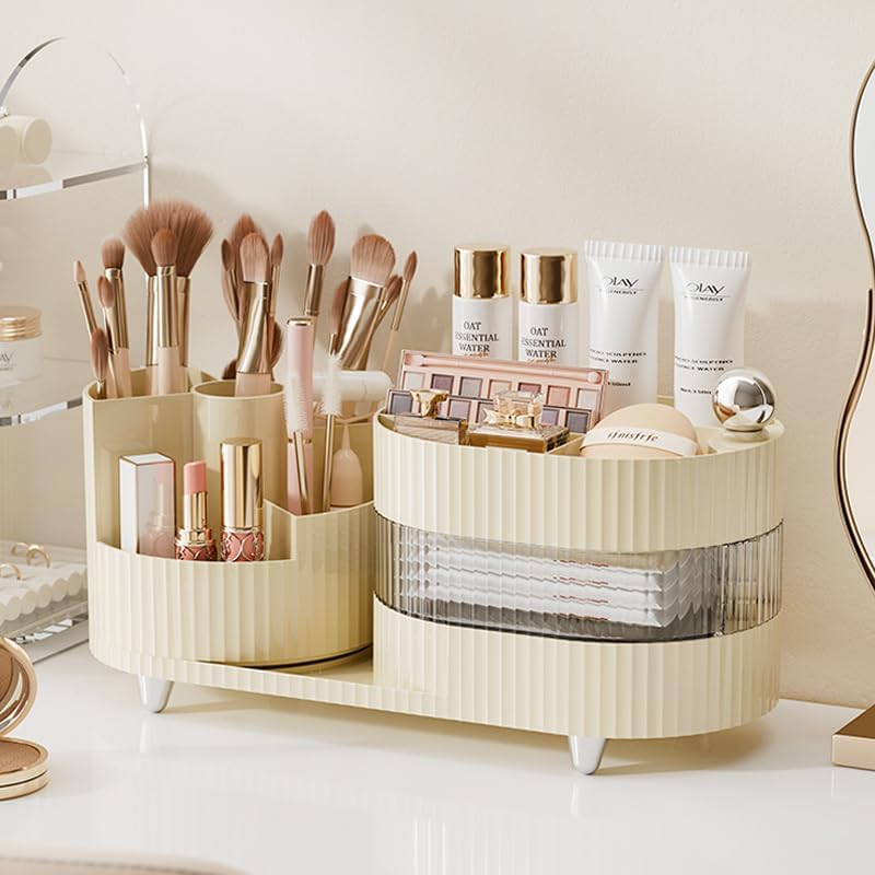Rotating Makeup Organizer - Large Spinning Vanity Storage with Brush Holder | Black Cosmetic Display Case
