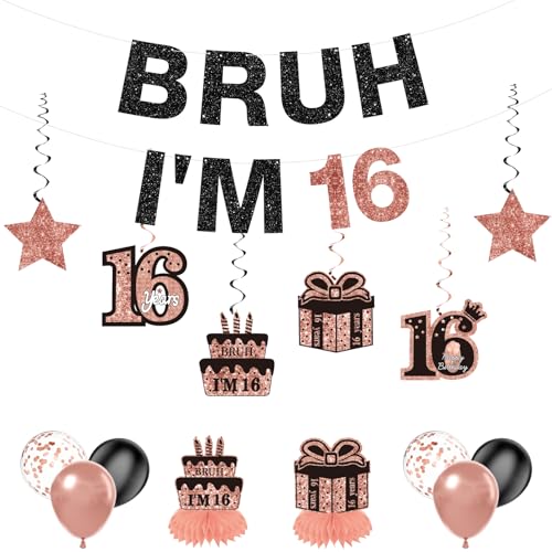 Rose Gold & Black 16th Birthday Decoration Kit - 15 Pcs