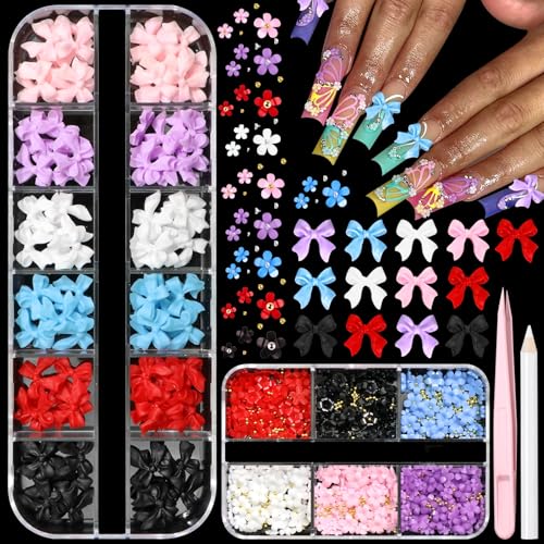 BELICEY 2 Boxes 3D Nail Charms Set with Bow Flowers, Colorful Acrylic Nail Art Supplies - Variation 03, 6 Colors