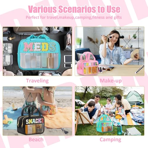 BuyCard Pink Chenille Letter Clear Travel Makeup Bag with Handles – Waterproof Nylon Toiletry Organizer, Spacious & Secure