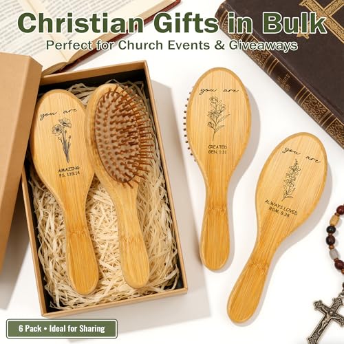 6 Pack Bamboo Hair Brushes with Bible Verses - Eco-Friendly Christian Gifts