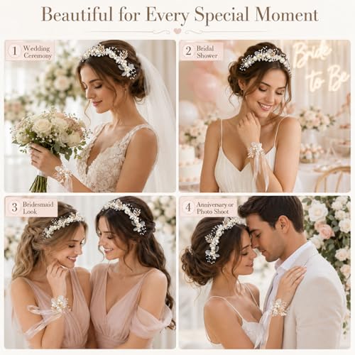 Bridal Pearl & Rhinestone Headband and Wrist Corsage Set - 2-Piece