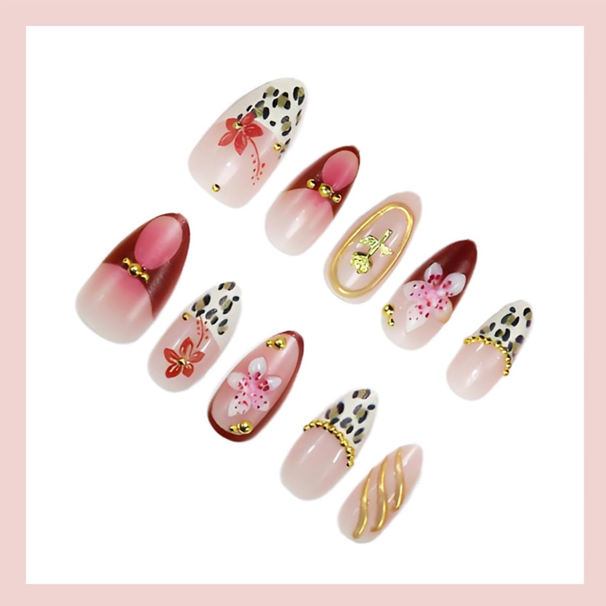 3D Press On Nails - Almond Medium Floral & Gold Bead Designs | Leopard Print French Tip, Glossy Acrylic, 30 Pcs