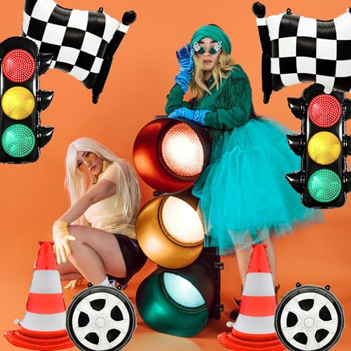 Race Car Birthday Party Decorations Set - 10 Foil Balloons & Traffic Cones