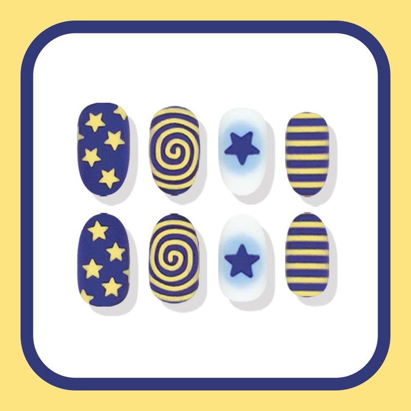 Press-On Nails - Medium Oval Matte Yellow & Blue with Spiral & Stripe Designs | 24 Reusable Full Cover Nails for Men & Women