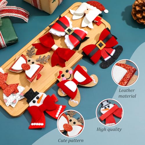 8 Pack Christmas Hair Clips with Festive Bows – Santa, Snowman & Reindeer Designs