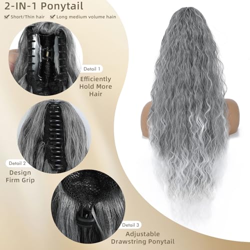 30-Inch Wavy Claw Clip Ponytail Extension - Ombre Grey Curly Hair