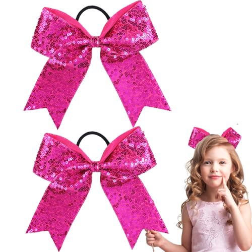 Hipcheer Sequin Hotpink Cheerleading Bow 6 Inch with Ponytail Holder - 2 Pack