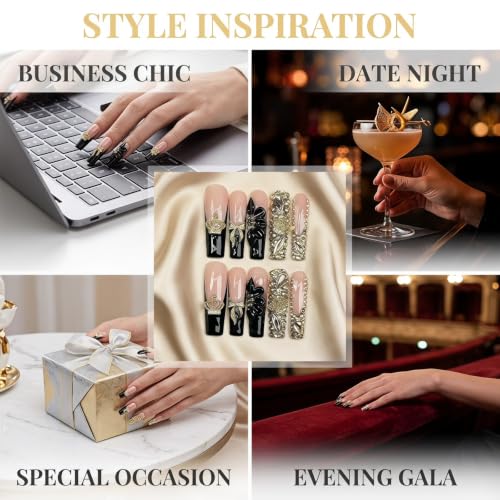 French Black Square Press-On Nails - 10 Pcs Handmade Luxury Fake Nails