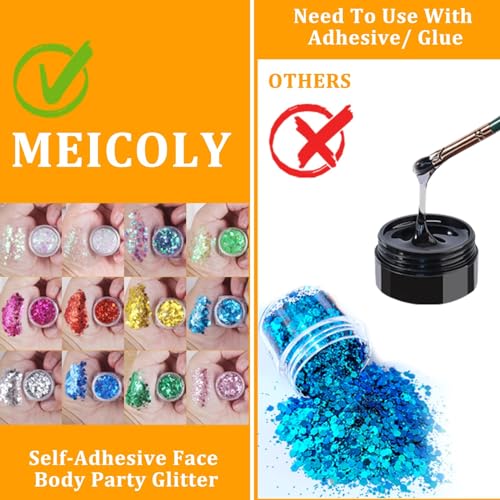 Meicoly 12-Color Face & Body Glitter Palette Set – Mermaid Gel, Festival Sparkle
