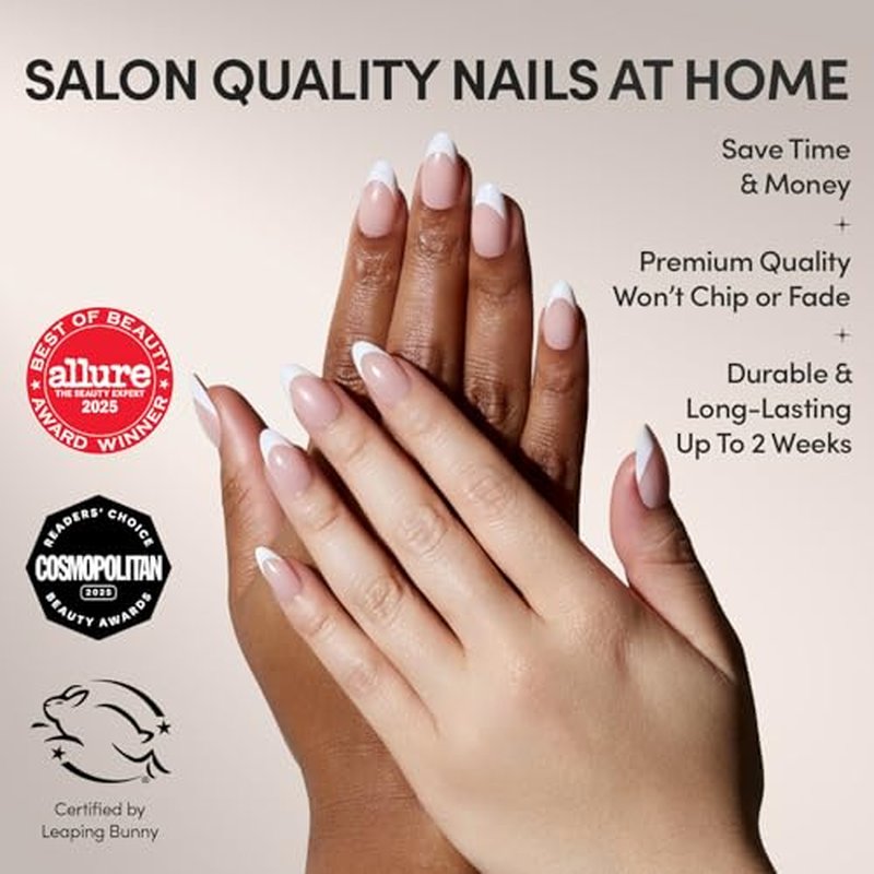 Glamnetic Press On Nails - MaDamn | French Tip UV Finish Short Pointed Almond Fake Nails, Salon Quality Semi-Transparent Nails in 12 Sizes - 24 Nail Kit with Glue