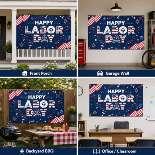 Happy Labor Day Banner Backdrop - 43.3x72.8 Inch Polyester Sign with Grommets & Rope for BBQ Party Decorations