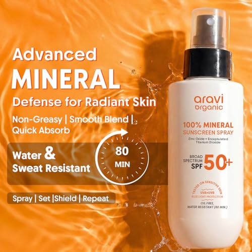 Aravi Organic 100% Mineral Sunscreen Spray SPF 50 - 3.3 Fl Oz | Water Resistant, Lightweight, No White Cast