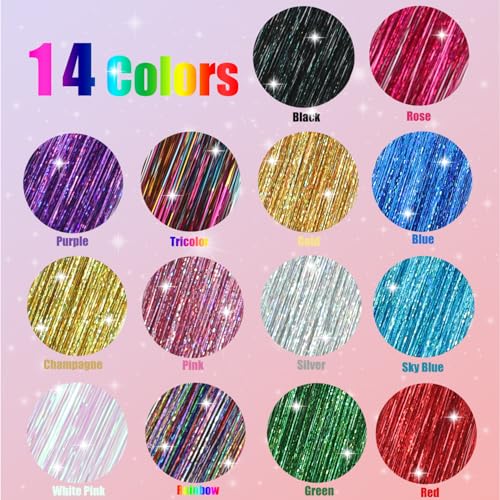 Hair Tinsel Kit - 6000 Strands in 14 Colors, 48 Inch Sparkling Extensions