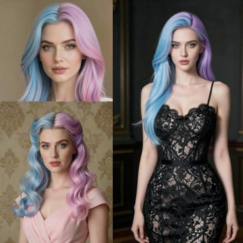 Serenewig Half Blue Half Purple Long Straight Synthetic Lace Front Wig for Women & Cosplay