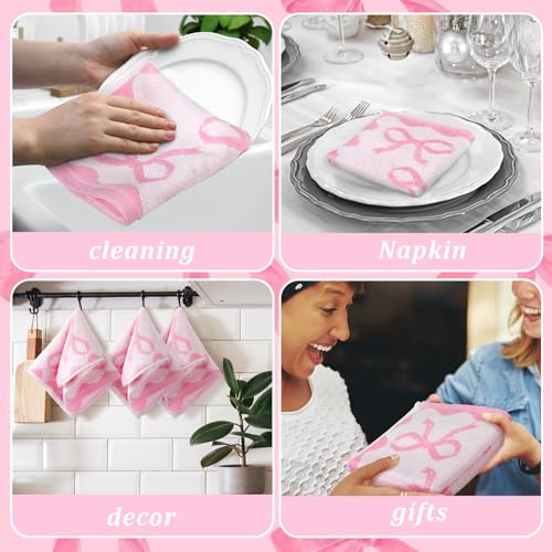 Coume 6 Pcs Pink Bow Washcloths - 100% Cotton, 13x13