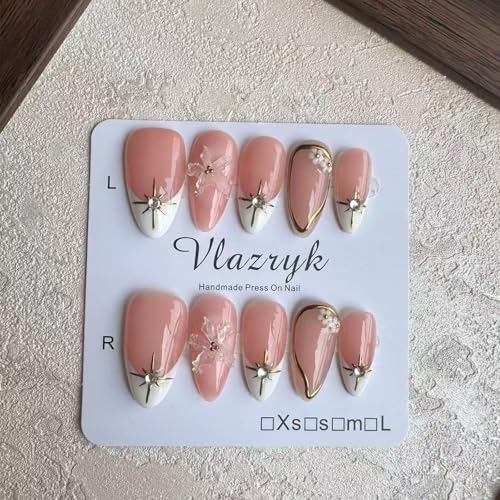 Vlazryk Short Brown French Tip Press On Nails with 3D Metallic Rhinestones