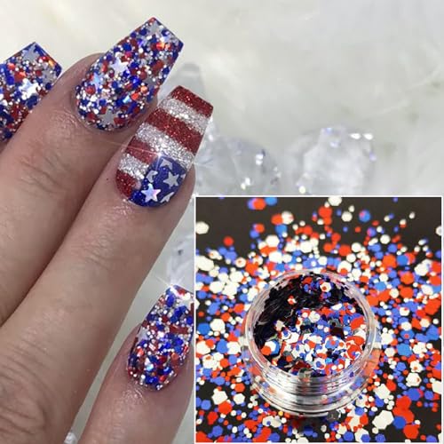 YUEJIMEIGUI 6 Boxes Patriotic 4th of July Star Glitter Nail Sequins Red White Blue for Nail Art & DIY Crafts