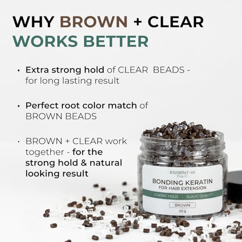 PURE KERATIN BEADS FOR HAIR EXTENSIONS, HIGH-MELTING ITALIAN FORMULA, SLAVIC PREMIUM QUALITY, NO FILLERS, ECONOMICAL USE, ALSO IDEAL FOR RE-TIPPING & BOND REPAIR (BROWN+CLEAR, 50G)
