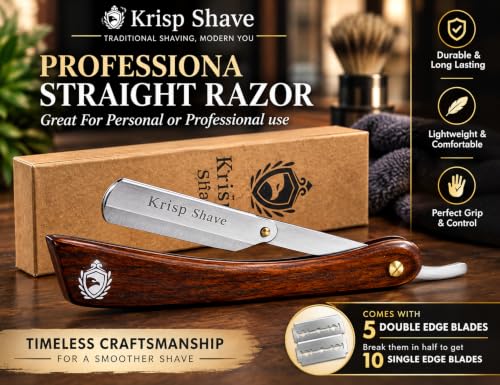 Krisp Shave Safety Straight Razor with Wooden Handle & 5 Double Edge Blades - Men Barber Tool