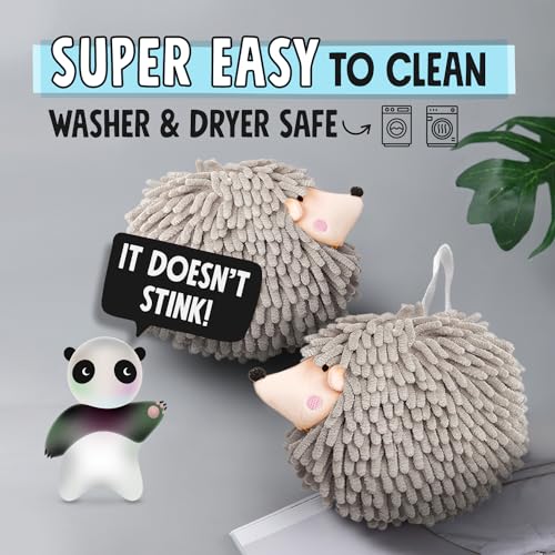 Sophie & Panda Fuzzy Ball Hand Towels Set of 2 - Cute Microfiber Hedgehog Design