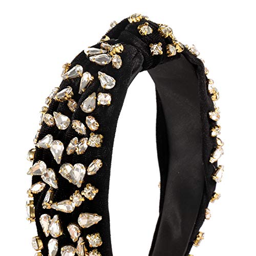 CENAPOG Black Rhinestone Knotted Velvet Headband for Women and Girls