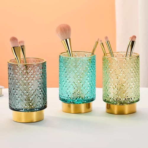 Dark Green Glass Makeup & Toothbrush Organizer with Gold Base - Multifunctional Pen Holder