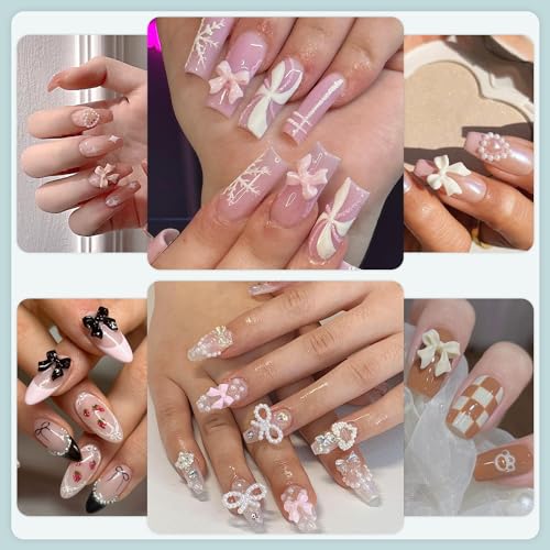 600 Pcs 3D Nail Bow Charms & Pearl Nail Gems Set - 8 Colors