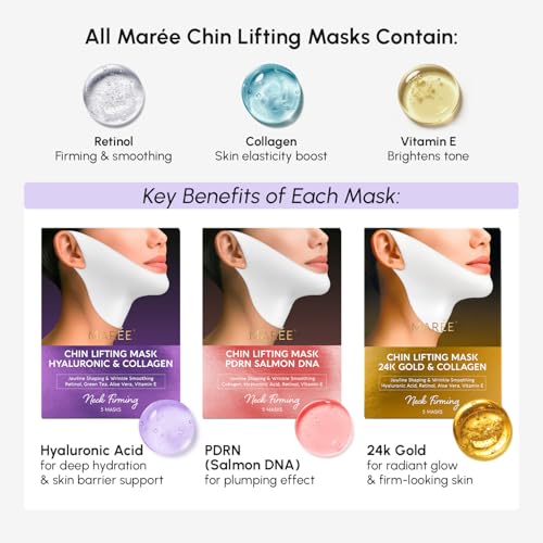 MAREE V Line Lifting Mask with 24K Gold ? Deep Collagen Face Mask for Women ? Jawline Shaper Mask with Retinol & Hyaluronic Acid ? Neck Tightening & Firming - Double Chin Strap for Face Lift