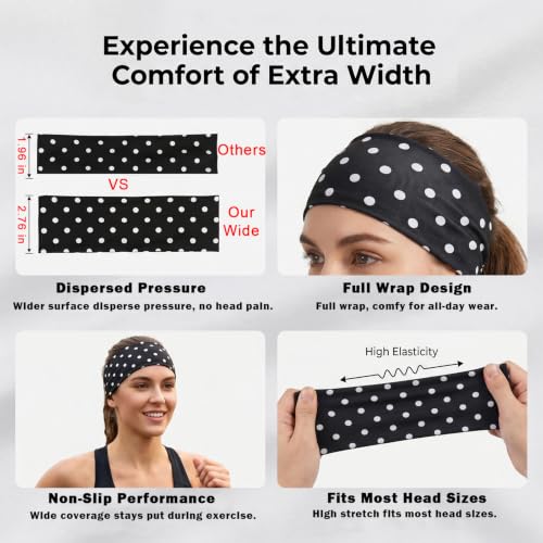 Miskate 6-Pack Polka Dot Headbands - Cotton Stretchy Women’s Hair Accessories (Pink Black Grey, 2" Wide)