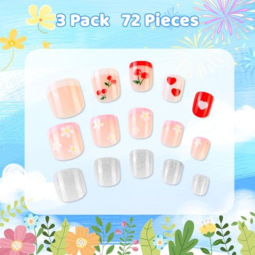 Kids Press-On Nails - Cherry Diamond Glitter | 72PCS Fake Nail Tips