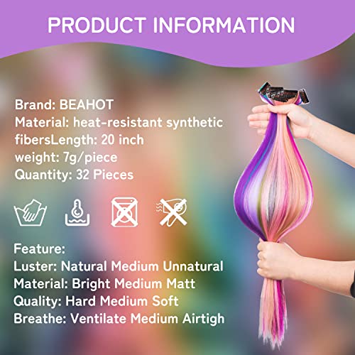 Rainbow Hair Extensions Clip-In 32 Pcs 20 Inch Multicolor Straight for Girls - BEAHOT