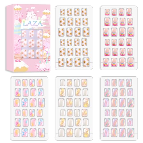 Laza 120pcs Rainbow Flower Press On Nails Kit for Kids