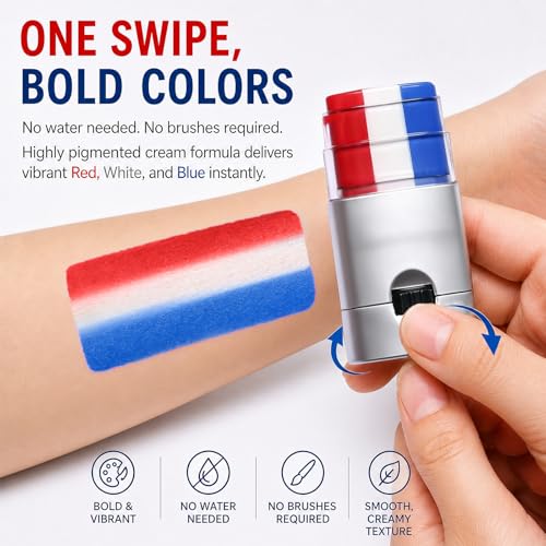 Red White Blue Face Paint Stick - Waterproof Patriot Makeup