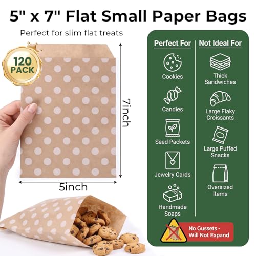 VGOODALL 120PCS Flat Kraft Paper Treat Bags - 5" x 7" Dot Pattern